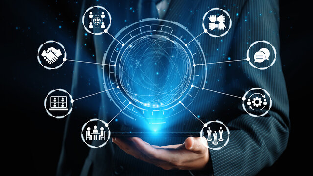 People networking and digital community with teamwork, partnership, collaboration and connection icons showing modern communication and relationship building. Gist - Powered by Adobe