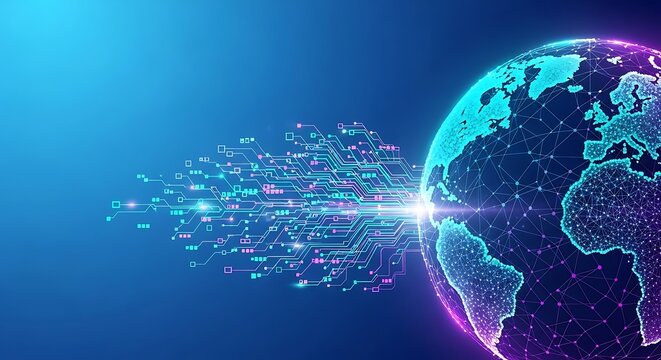 Global network connecting world with digital technology and data streams