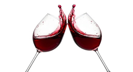 Two wine glasses clinking with red wine splashing against black background