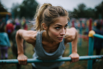 Focused young woman performing outdoor calisthenics on parallel bars in a busy park, showcasing strength, determination and athletic training.