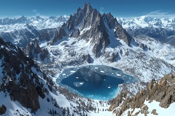 Majestic snow-capped mountains tower over a serene turquoise lake, surrounded by rocky terrain and a clear sky, creating a breathtaking winter landscape.