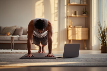 Sunlit Home Workout: Man Performing Plank on Yoga Mat with Laptop in Cozy Living Room - Online Fitness Session for Strength and Mindful Training