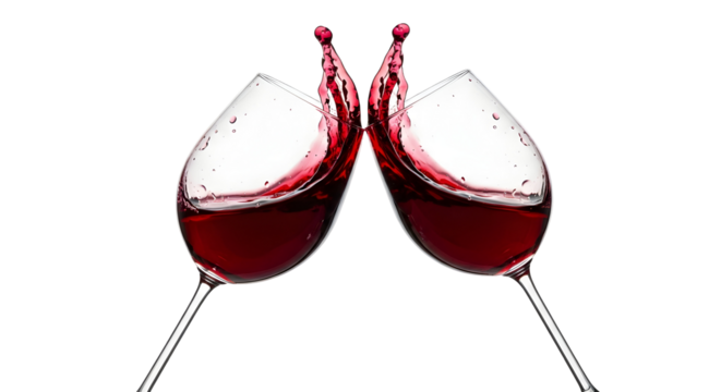 Two wine glasses clinking with red wine splashing against black background