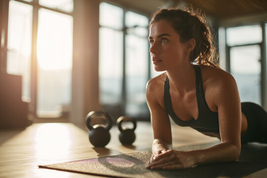 Sweaty young woman holding a forearm plank on a yoga mat in a sunlit gym with kettlebells, focused on strength and fitness training
