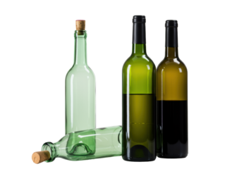 Four pristine glass wine bottles—empty, white, and red—with cork and black capsules, arranged on a reflective white surface in a minimalist studio for elegant product branding concept