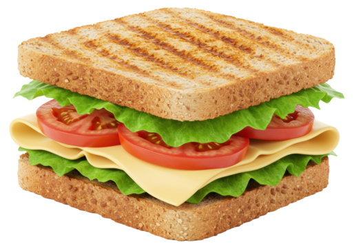 Freshly grilled whole wheat sandwich with crisp lettuce, ripe tomato, and melted cheese, prominent grill marks, on transparent background with copy space, commercial food advertising concept