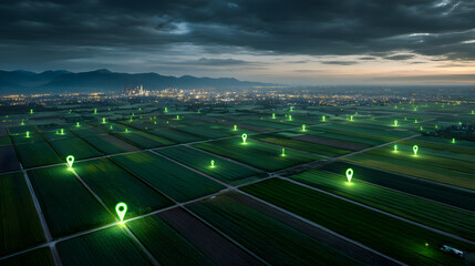 Futuristic aerial view of vast green agricultural fields with digital technology concept
