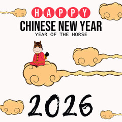 Chinese New Year 2026, Year of the Horse: Cute horse in traditional clothes floating on hand-drawn, wispy clouds. Minimalist, artistic design ideal for social media posts, e-cards, and simple greeting