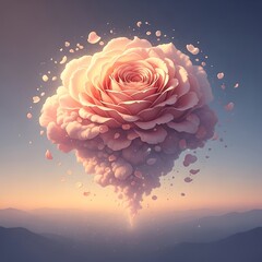 Dreamy floral explosion in pastel colors above mountain silhouettes