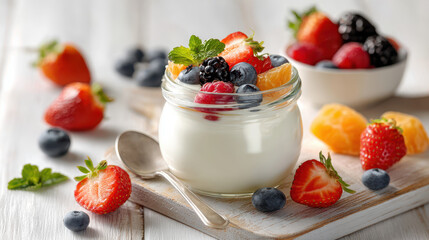 Fresh yogurt topped with mixed berries including strawberries, blueberries, raspberries, and blackberries on a wooden board