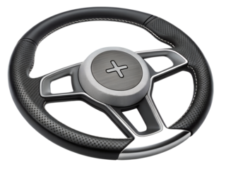 Modern car steering wheel with leather grip isolated on transparent background