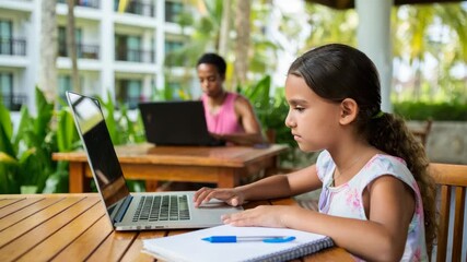 Girl studying using laptop outdoors, tropical resort, digital nomad family, traveling family workspace, remote schooling, family working abroad, worldschooling kids, mobile office with children