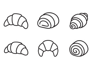 Croissant pastry line black icons set
