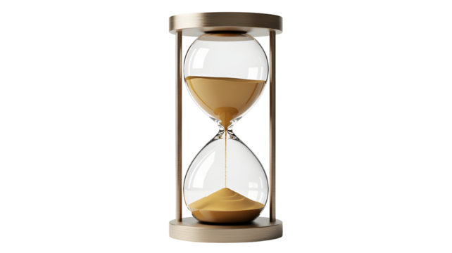 Golden hourglass with sand flowing isolated on transparent background