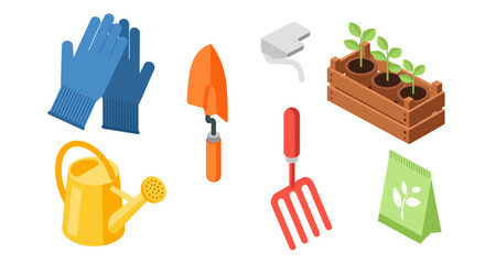 Isometric illustration showing gardening tools and equipment including gloves, trowel, watering can, seedlings, fork, and seed packet.