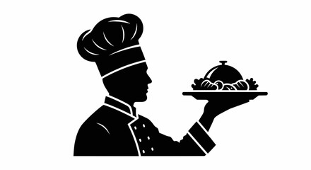 Chef in Silhouette Holding a Cloche Covered Dish, Professional Culinary Service