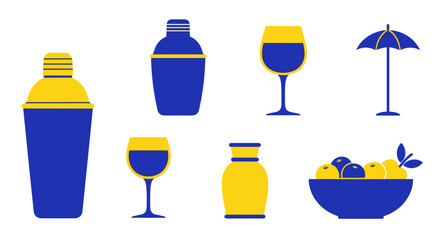 Illustration featuring various cocktail-making tools, glasses, fruit bowl, and a decorative parasol, all in a simple, graphic style.