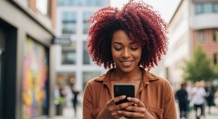 Smiling young Black woman using smartphone on a city street. Happy female with red curly hair texting or checking social media outdoors. Urban lifestyle and communication concept