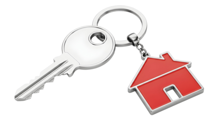 Silver house key with red house charm on black background
