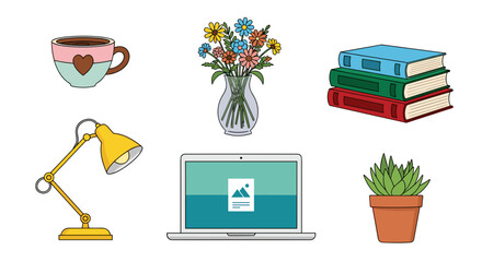 An assortment of everyday objects such as a decorative mug, a vibrant flower bouquet, study books, a yellow lamp, a modern laptop, and a green succulent.
