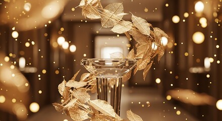 Elegant gold centerpiece with bokeh lights in a luxurious interior setting for celebration