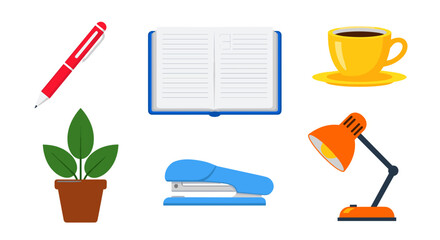 A collection of colorful flat design office supplies and desk accessories, including a pen, notebook, coffee cup, plant, stapler, and lamp.