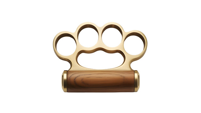 Brass knuckles with wooden handle isolated on transparent background