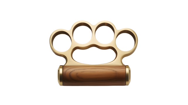 Brass knuckles with wooden handle isolated on transparent background