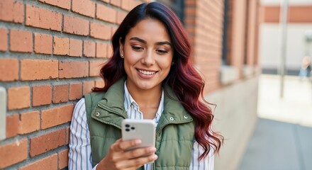 Happy young Hispanic woman using a smartphone against a brick wall. Smiling female texting on mobile phone outdoors in the city