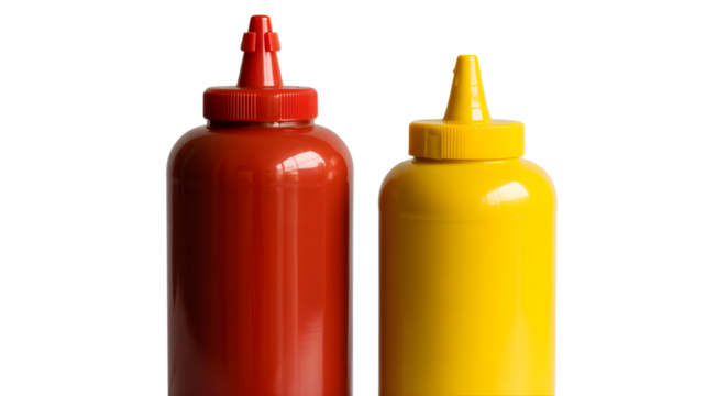 Two squeeze bottles of ketchup and mustard isolated on transparent background