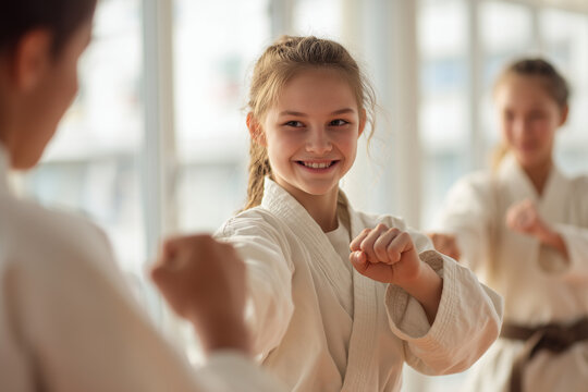Smiling girl practicing karate in a bright dojo with classmates - youth martial arts training that builds confidence, discipline and self-defense skills
