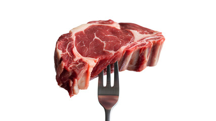 Raw rack of lamb chops on a silver fork isolated on transparent background