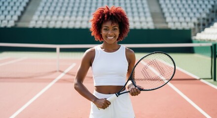 Smiling Black female tennis player holding a racket on a court. Young African American woman athlete in white sportswear standing in a stadium