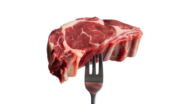 Raw rack of lamb chops on a silver fork isolated on transparent background