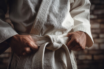 Close-up of martial artist tying a crisp white gi belt - hands, knot and uniform detail conveying discipline, focus and readiness for training
