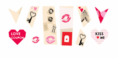 Valentine s day collage with hearts kisses keys and love coupon