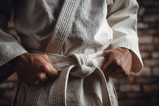 Close-up of martial artist tying a crisp white gi belt - hands, knot and uniform detail conveying discipline, focus and readiness for training