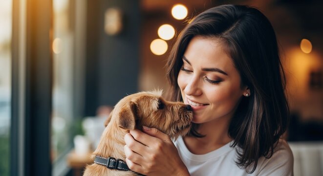 Happy young woman hugging her dog in a cafe. Cute terrier puppy licking owner's face. Pet love and friendship concept