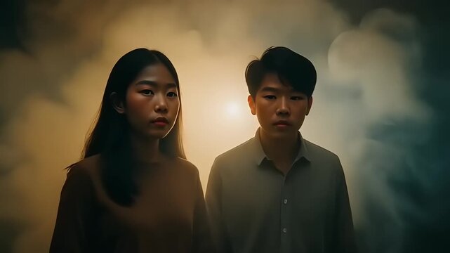 Couple standing in front of a hazy background with a glowing light. Peaceful and contemplative scene