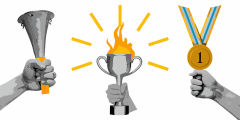Hands holding torch trophy with flame and number one medal