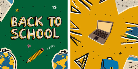 Colorful back to school illustration with school supplies and text