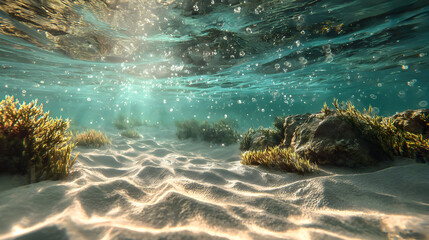 Enchanting underwater seascape with golden sunlight beams and oceanic flora