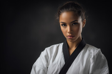 Focused young martial artist in a traditional white gi with black collar — confident portrait of a disciplined female fighter ready for training and matches