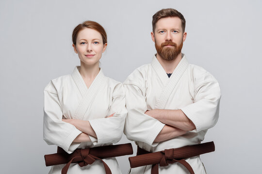 Confident male and female karate practitioners in white gis with brown belts standing side by side with arms crossed — martial arts duo portrait