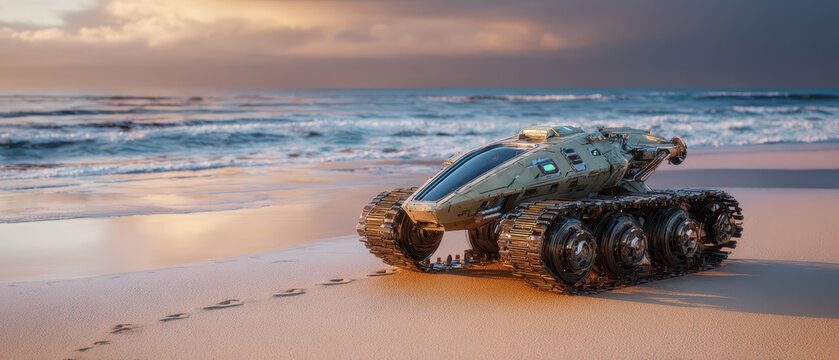 Beach exploration vehicle tracks sandy shores