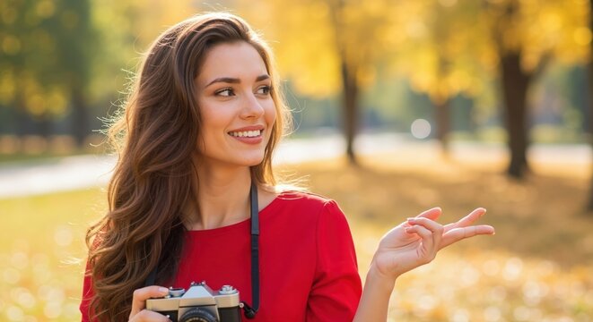 Smiling woman photographer holding vintage camera in autumn park. Happy female pointing at copy space with yellow leaves background - Powered by Adobe