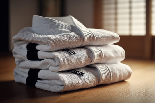 Neatly folded white karate gis with black belts on a wooden dojo floor, traditional martial arts uniforms ready for training and discipline