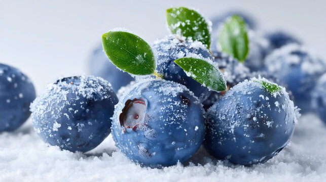 A pile of fresh blueberries with green leaves in snow, frozen fruit covered in white frost, a cold winter snack concept, healthy organic antioxidant food, a raw berry ingredient.