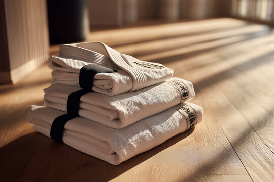Sunlit stack of folded white martial arts gis with black belts on a wooden dojo floor — traditional karate, judo and Brazilian jiu-jitsu uniforms