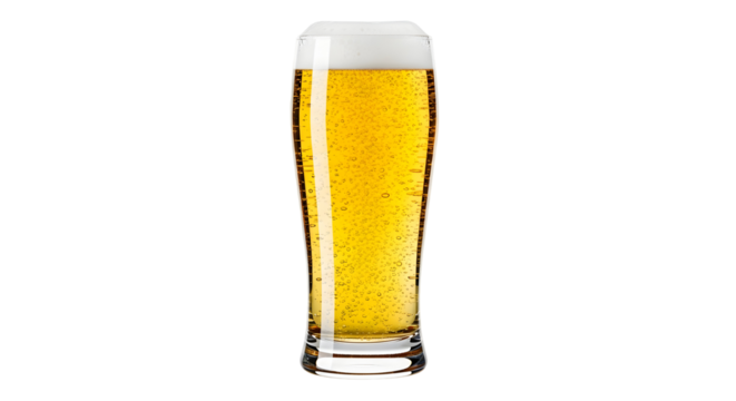 Tall glass of golden lager beer with frothy white head isolated on black